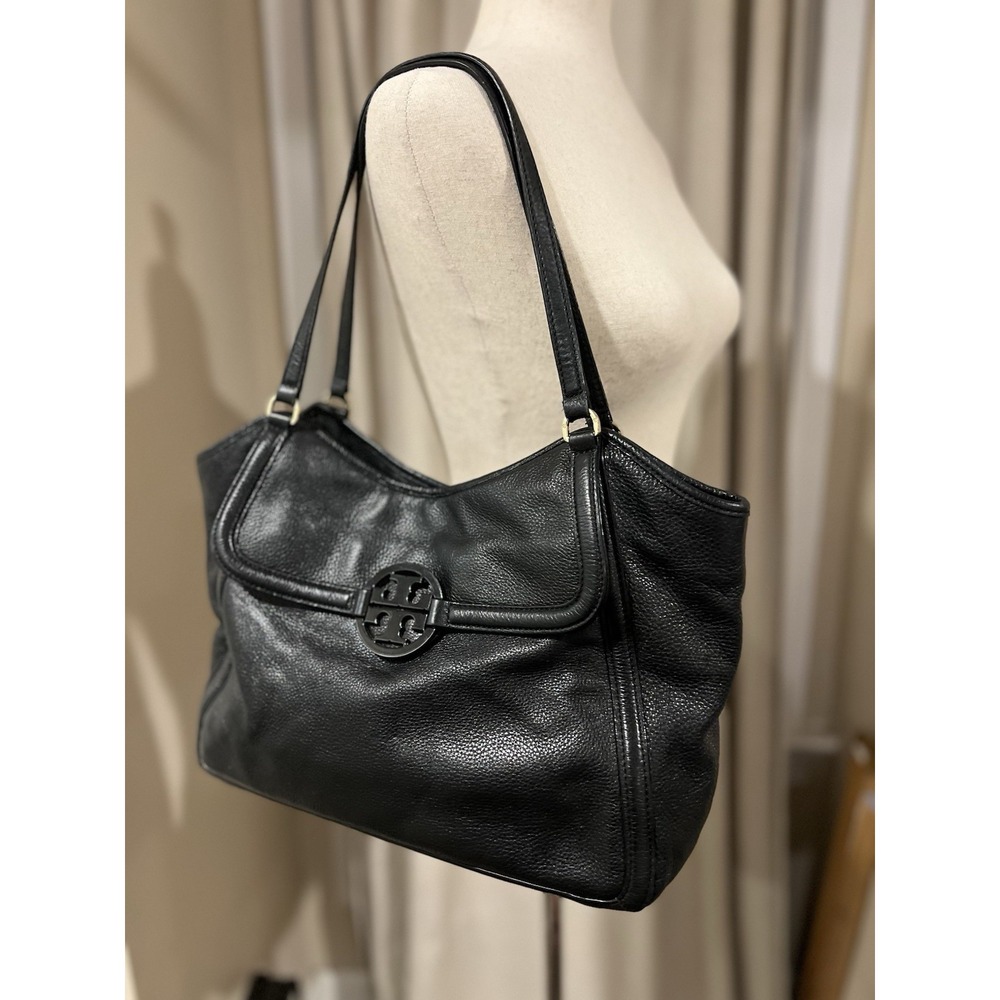 Tory Burch Purse Black Pebble Leather Hand Bag‎ Tote Brass Hardware Authentic - Picture 3 of 10